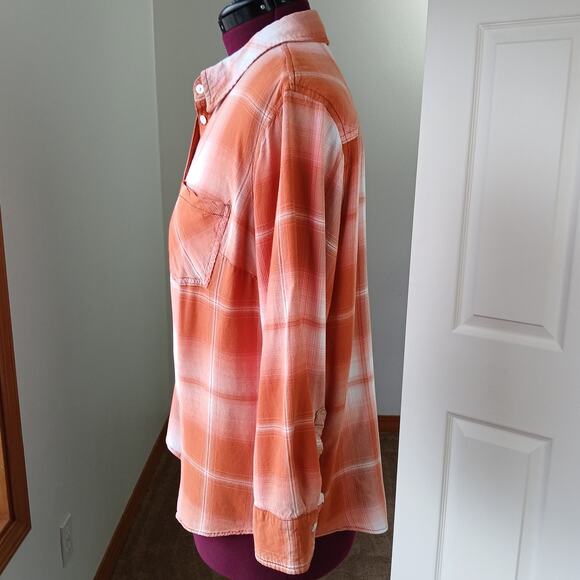 Ava & Viv Plaid Button Up Blouse 2X upcycle repaired orange long sleeve rayon - Picture 3 of 16
